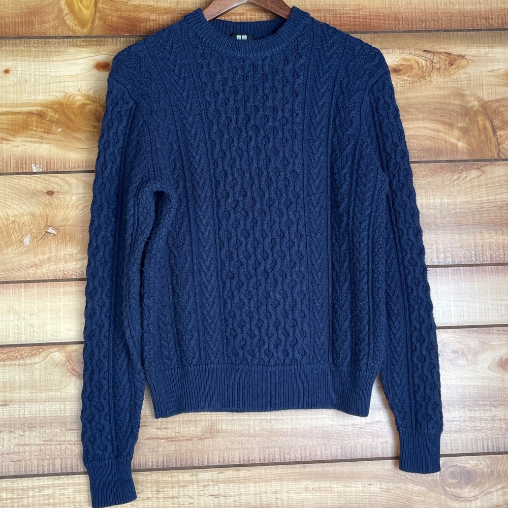 Uniqlo Sweater Mens Small Blue Wool Blend Cable Knit Crew Neck Fisherman Grandpa